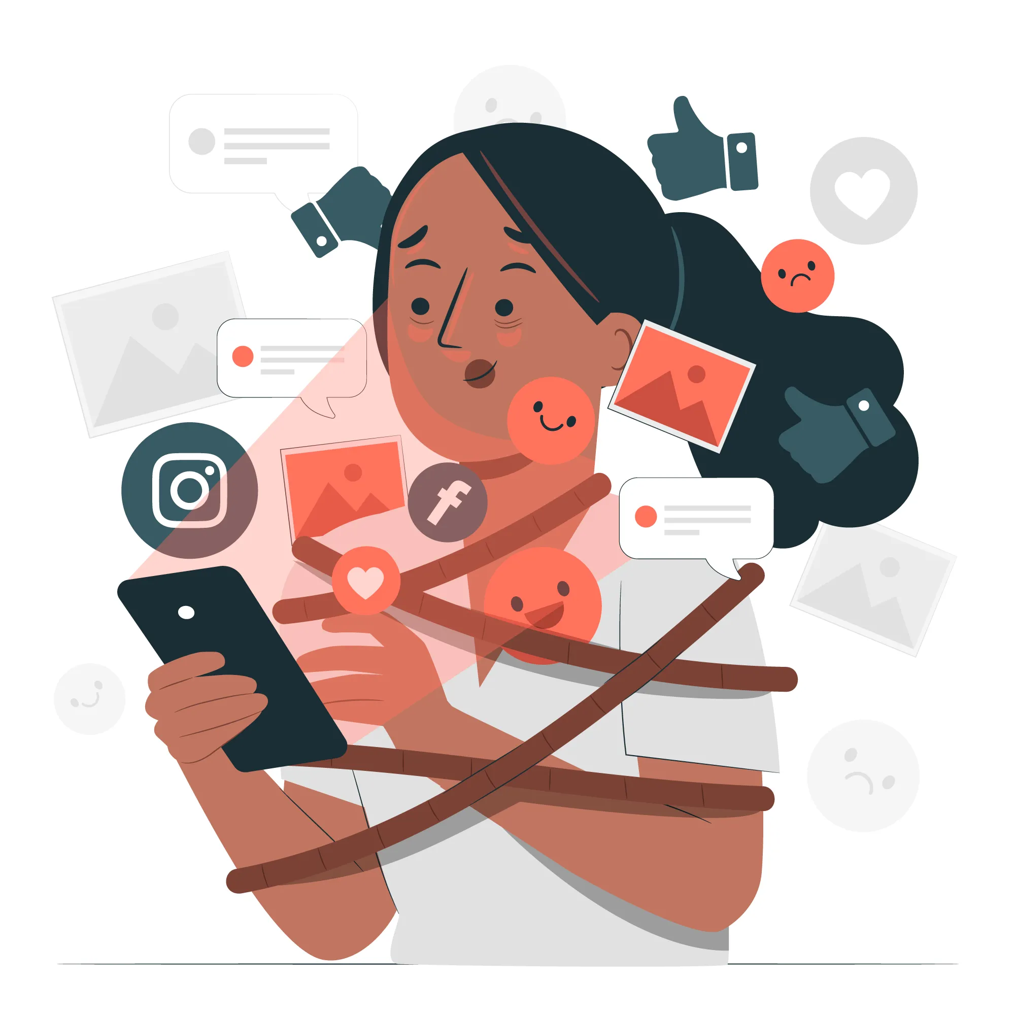 Illustration showing girl tired up due social medias 